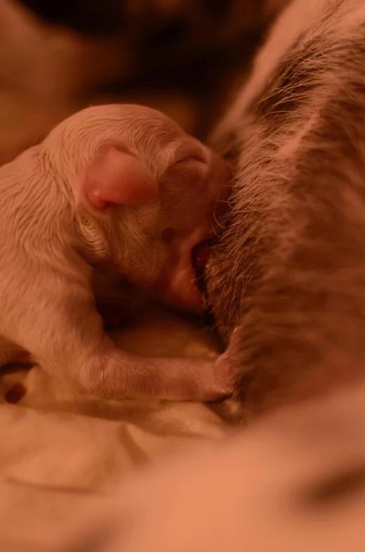 a baby animal sleeps on top of the other