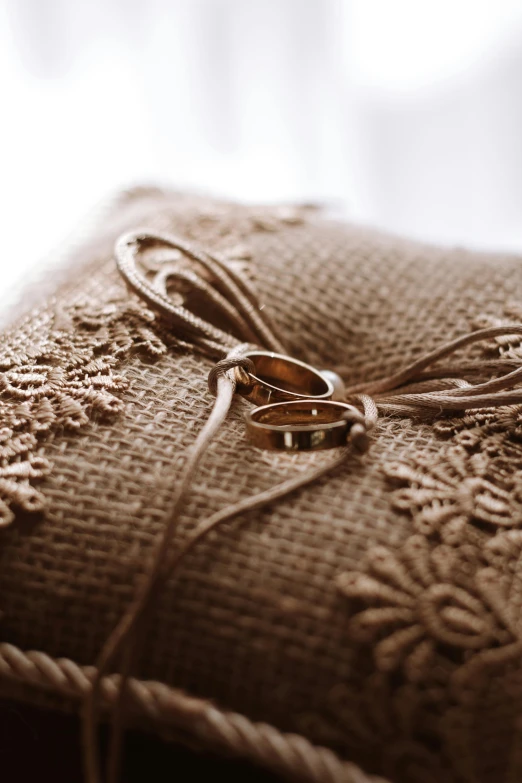 two wedding rings are placed on the linen