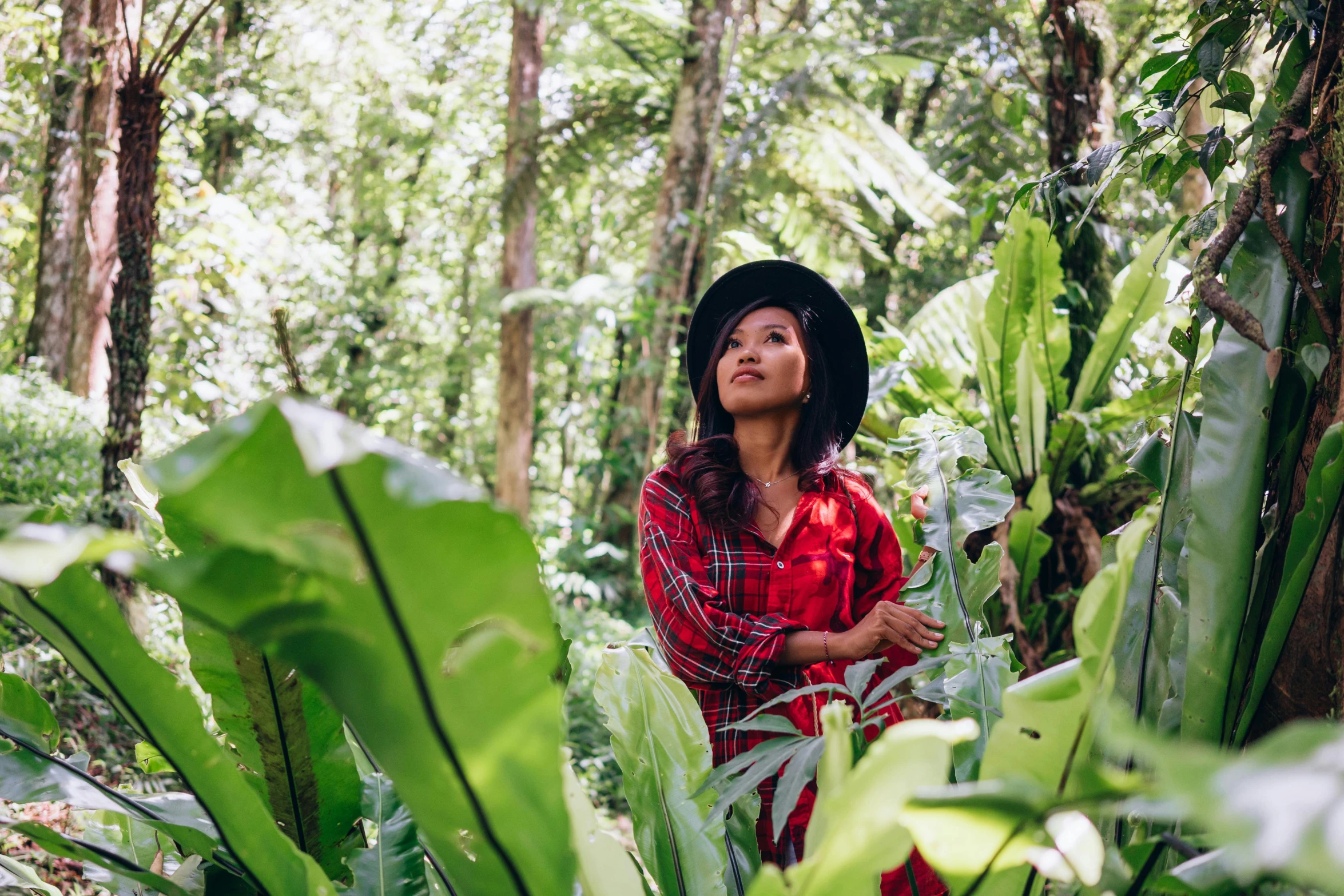 a woman is standing in the middle of a jungle