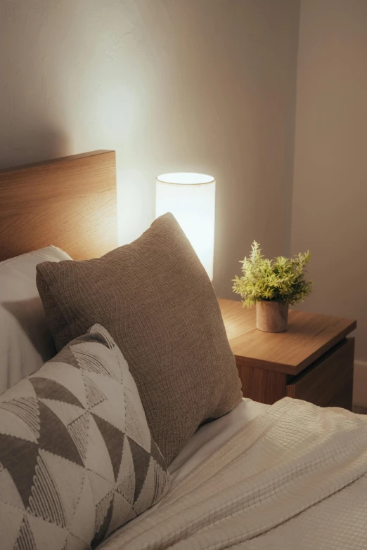 a bedside with an open light, a lamp, and some pillows