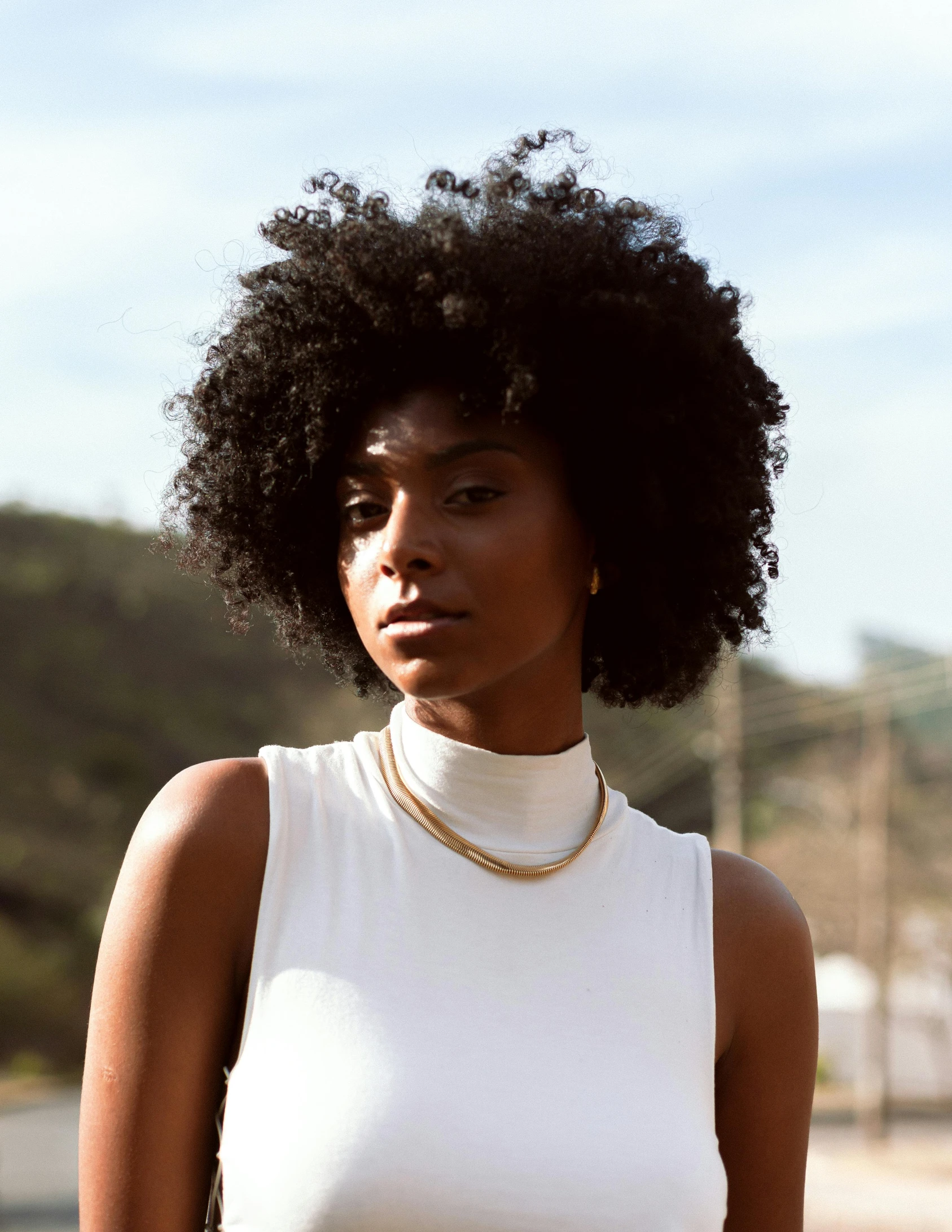 an image of a woman with an afro wearing a white top