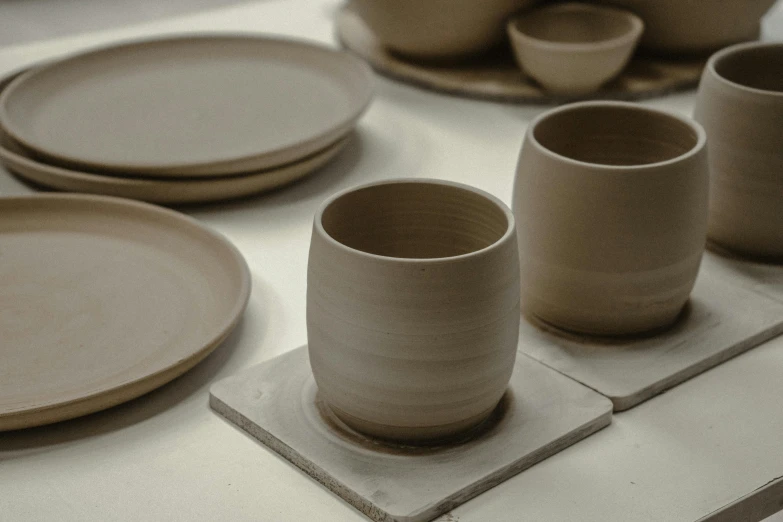 a bunch of clay pots and dishes on a table