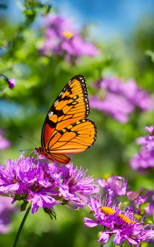 an orange and black erfly sitting on top of purple flowers