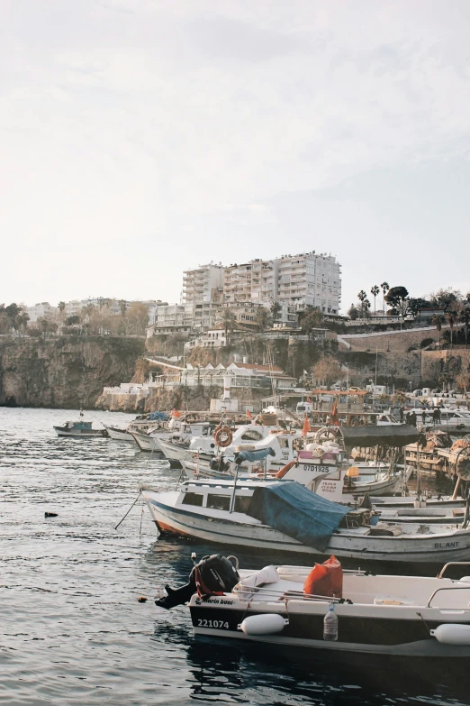 boats are lined up in a harbor on a sunny day