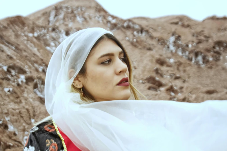 a woman with a veil on a mountain top