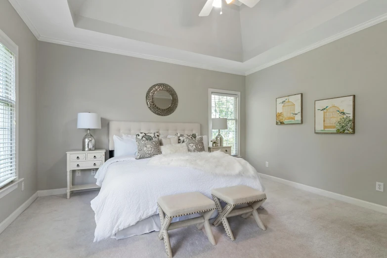 the master bedroom has large carpeted floors and gray walls