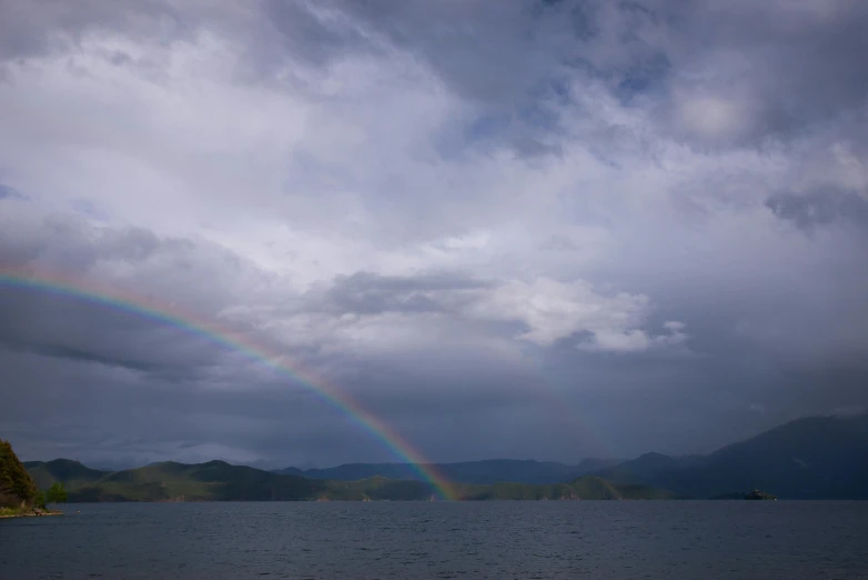 a rainbow above the ocean on a cloudy day