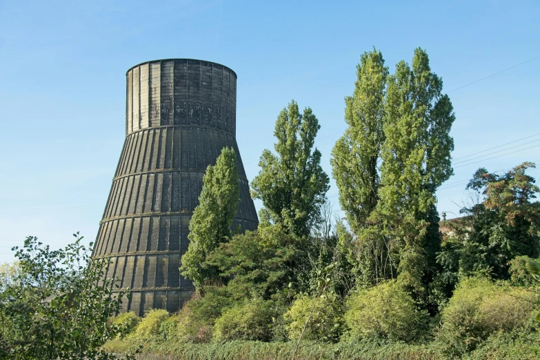 the water tower rises over a grassy hill