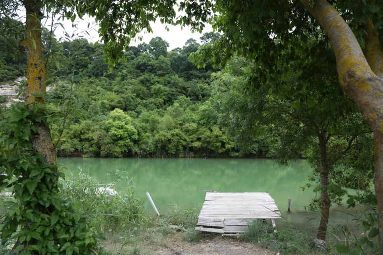 a dock on the shore of a lake between some trees