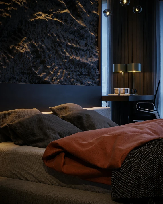 a bedroom with an image of the mountains hanging on the wall