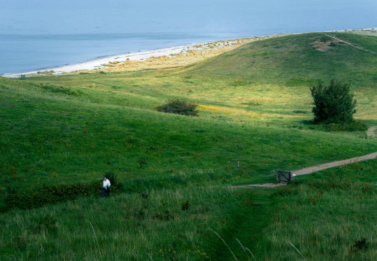 a view of the ocean and grassy hill top with two people walking along it