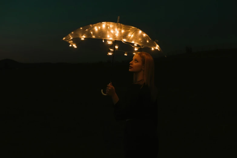 a woman holding a clear umbrella while standing in the dark