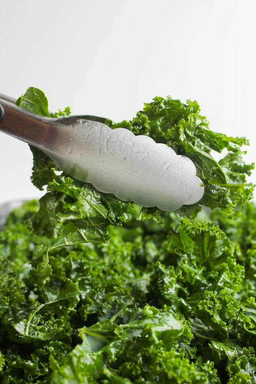 the spoon has a long handle as it sits atop a pile of greens