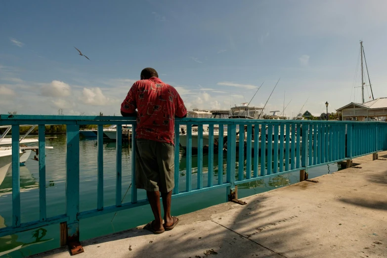 man looking out on a harbor, from a blue metal railing