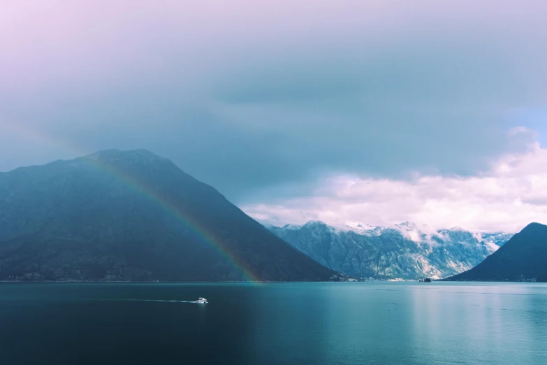 an overcast day shows a rainbow in the sky