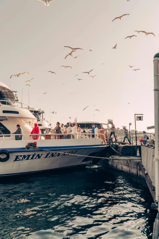 several seagulls hovering and flying in front of a boat