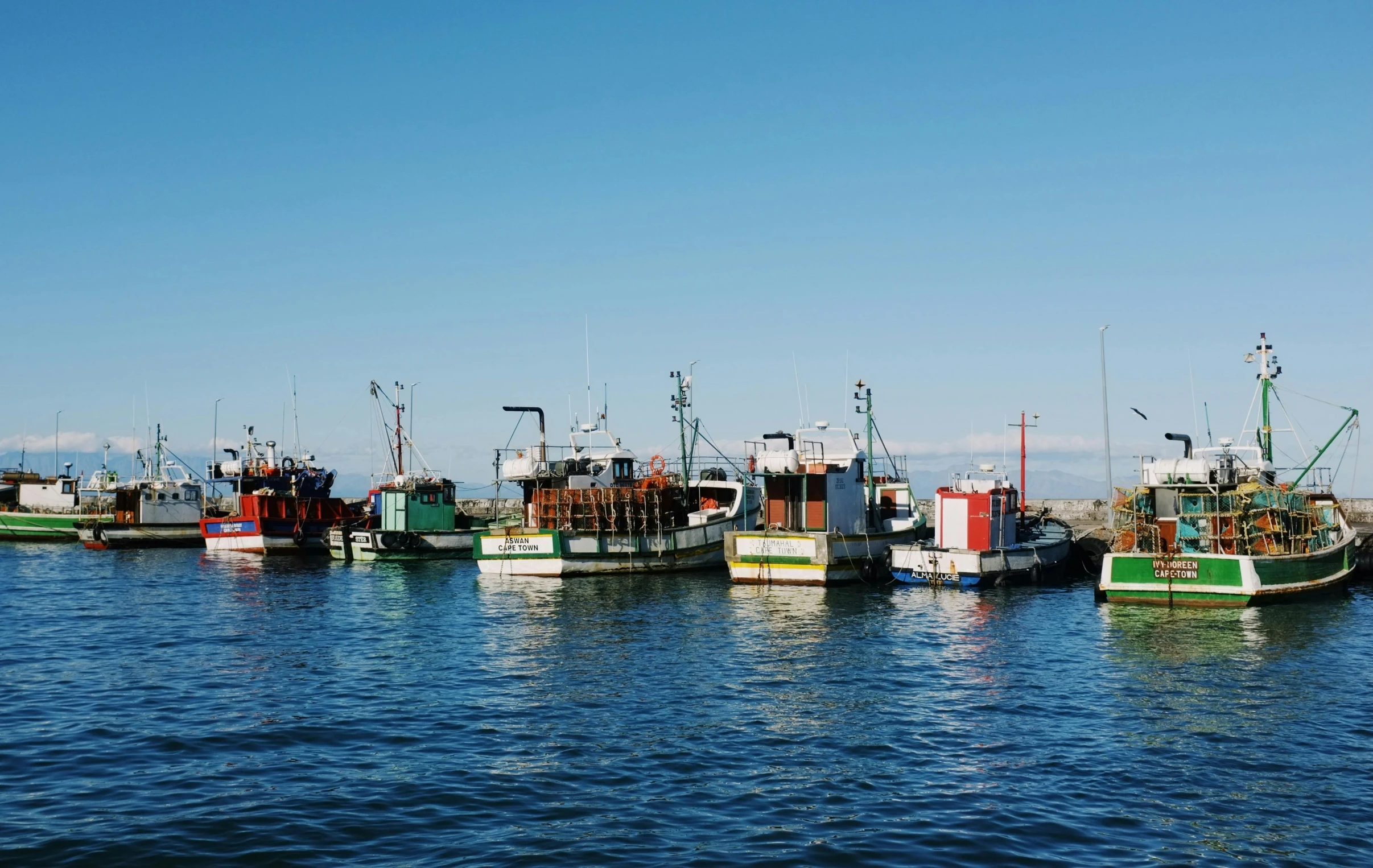 many fishing boats lined up near each other