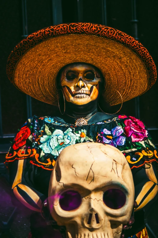 a skeleton wearing a sombrero and holding a human skull