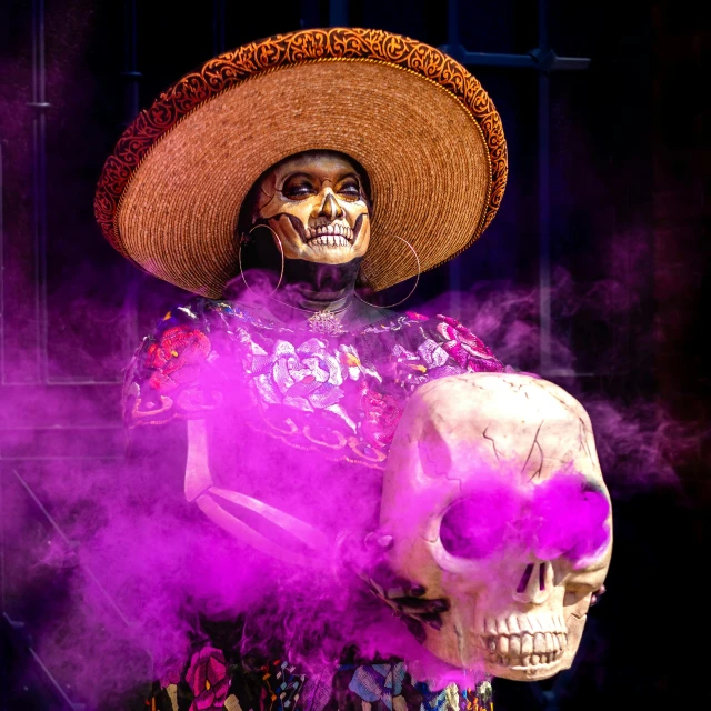 the skeleton in the mexican outfit is painted with purple smoke