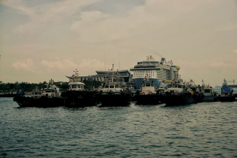 a large cruise ship in the water surrounded by smaller ships