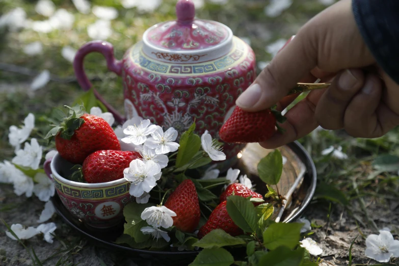 someone taking some strawberries off a bowl with a vase