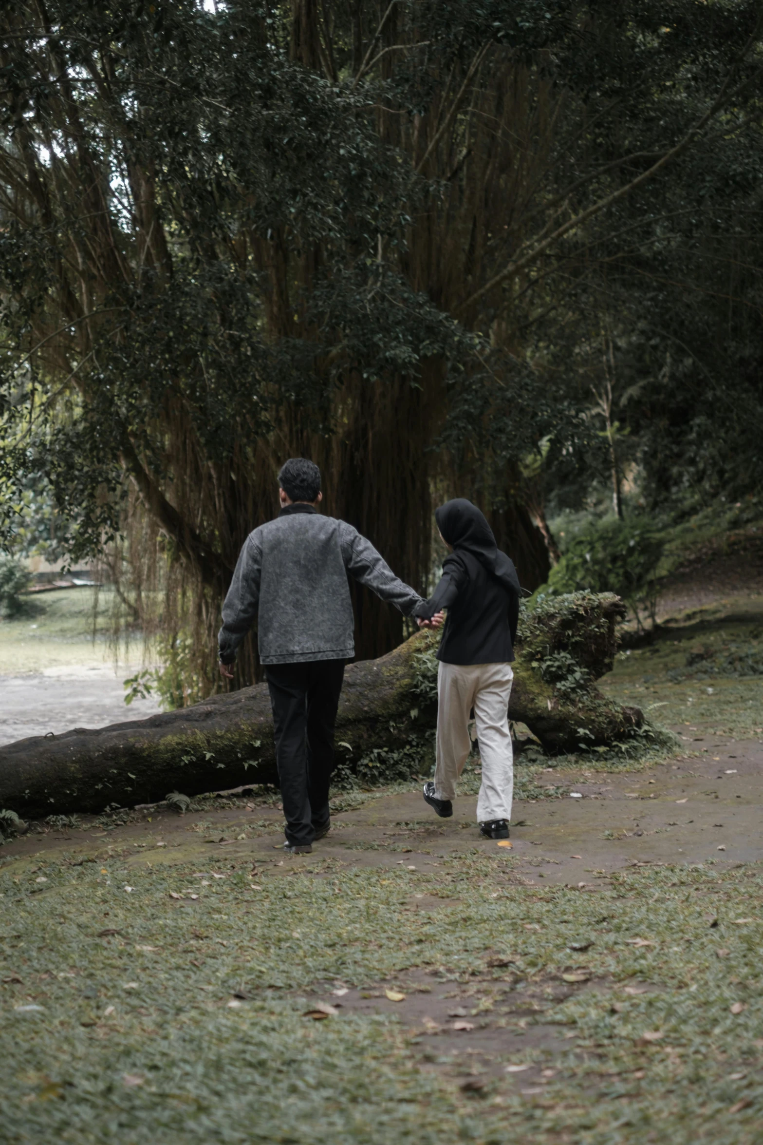 two people are walking in the woods, one holding on to a fallen tree