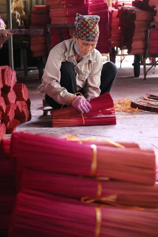 a person wearing a colorful cap and working on soing