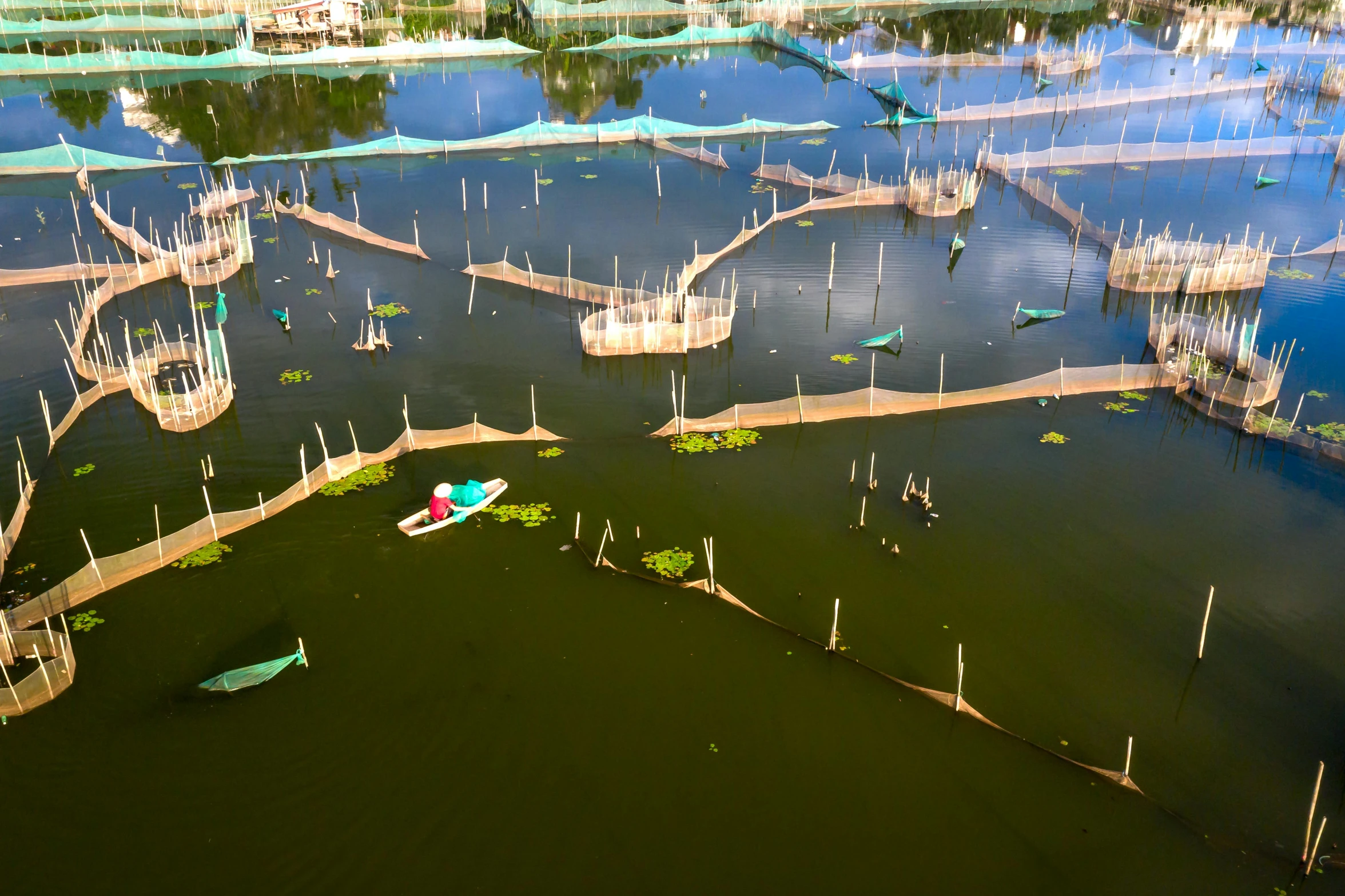 an aerial s of a lake with sailboats docked