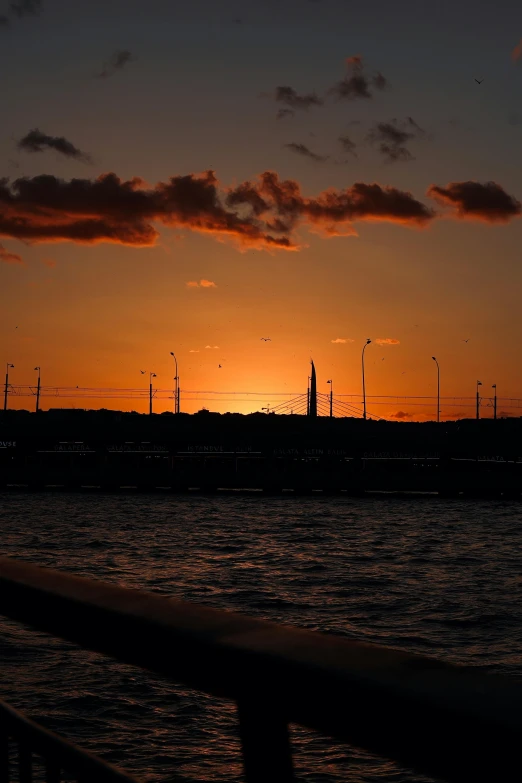 a silhouette of the skyline against the sunset over the ocean