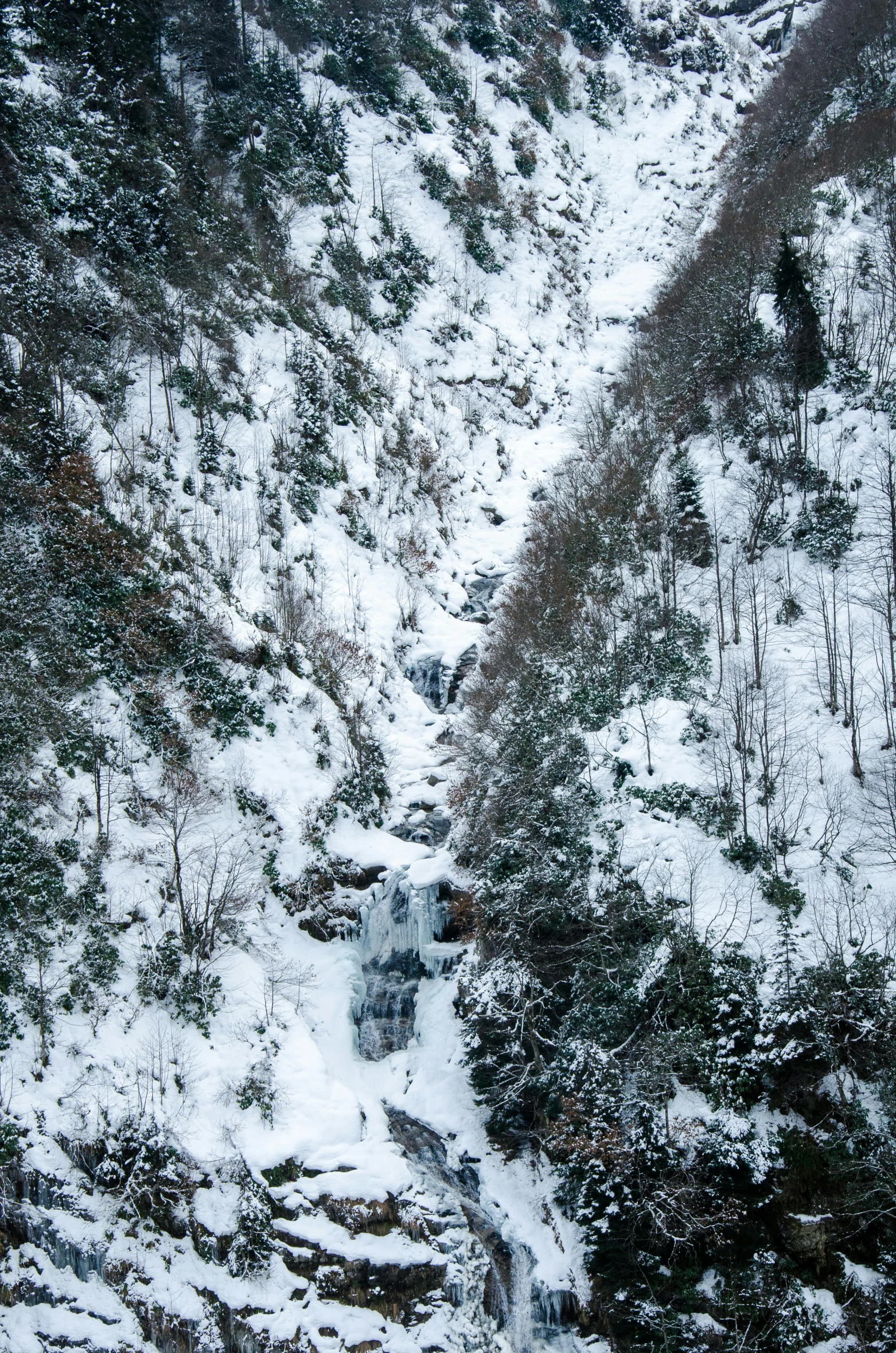 winter landscape in a snowy, snowy mountain with water and trees