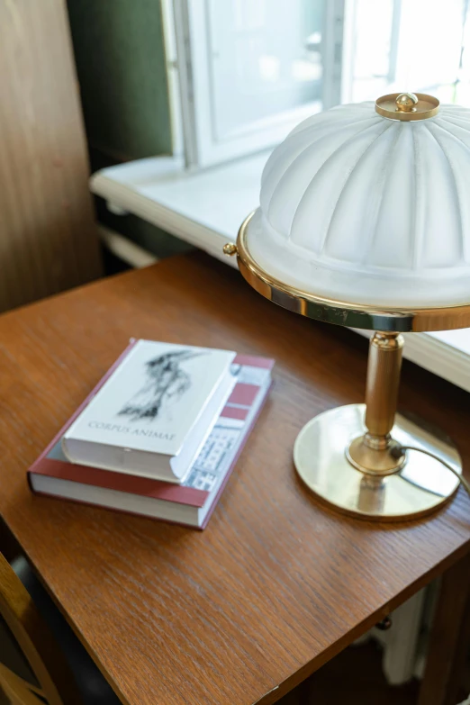 the table is set with a lamp and two books