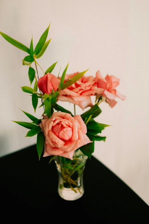 three pink roses in a clear glass vase