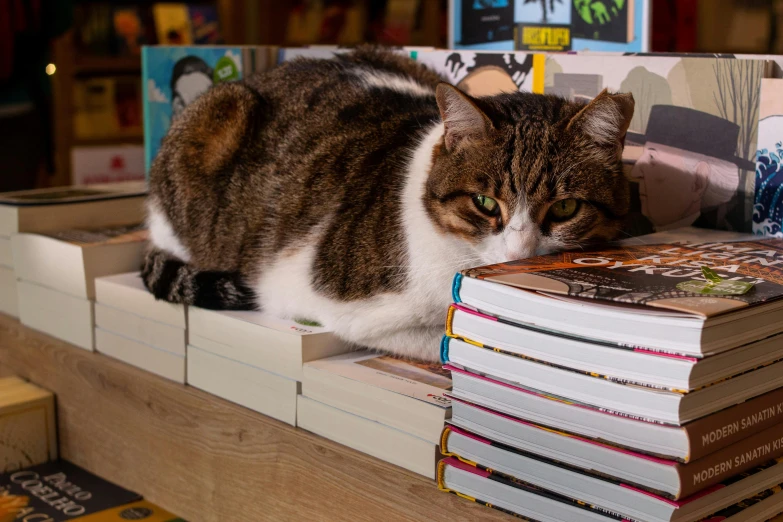 a cat sitting on top of stacks of books