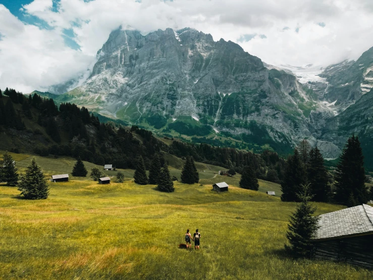 there are many people walking in the field with mountains in the background