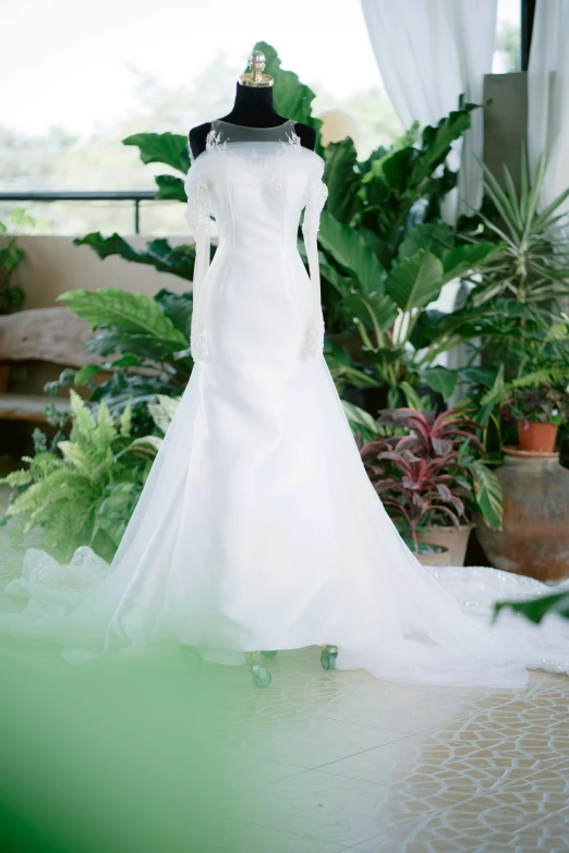 the bridal wedding gown is displayed on the patio