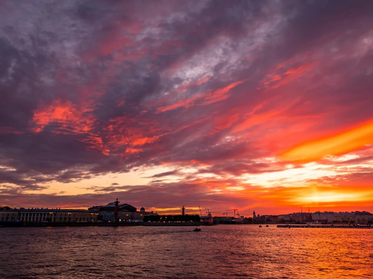 a red and yellow sky above a large body of water