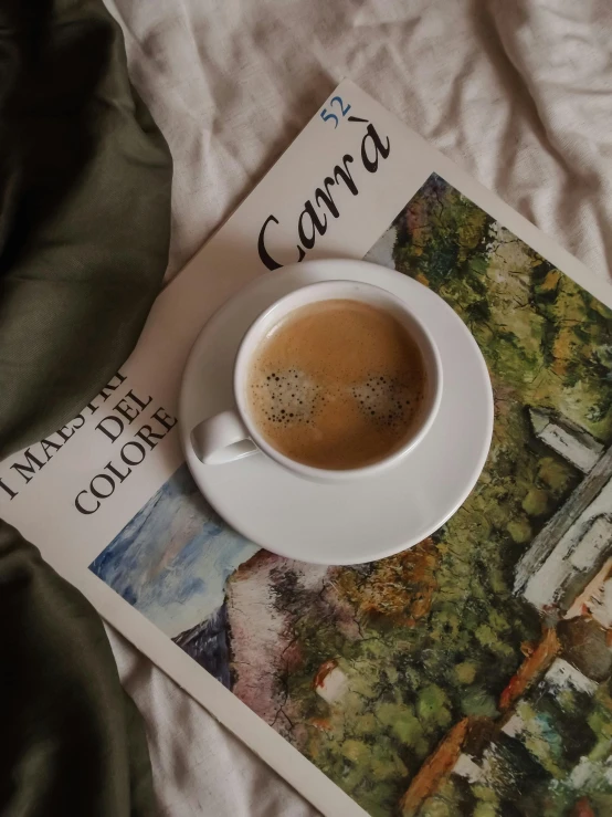 a cup of cappuccino sitting on top of a white plate