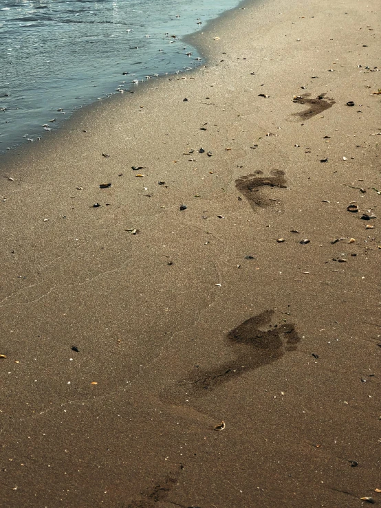 footprints of two people walking on the beach next to the water