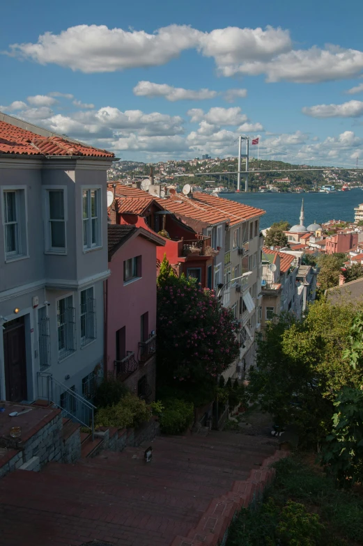 a view down a steeple at some colorful houses