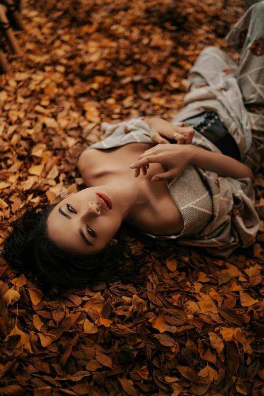 a  laying on top of leaves