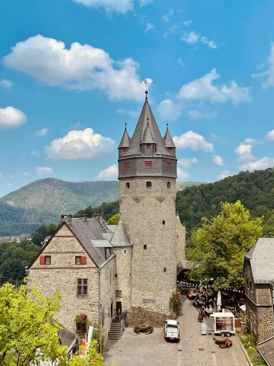 a castle on top of a mountain with trees around