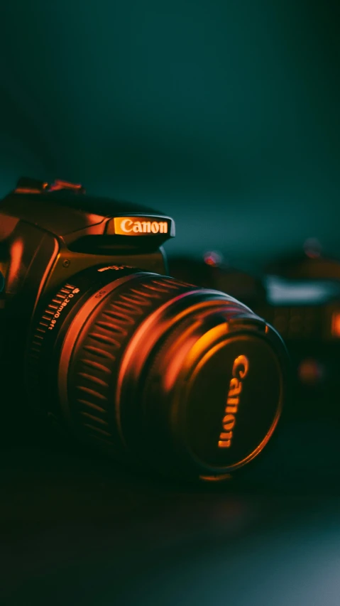 a canon camera sitting on the table