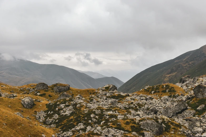 the sky is cloudy and some mountain vegetation