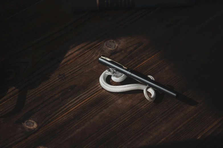 a black ballpoint pen sitting on top of a wooden table