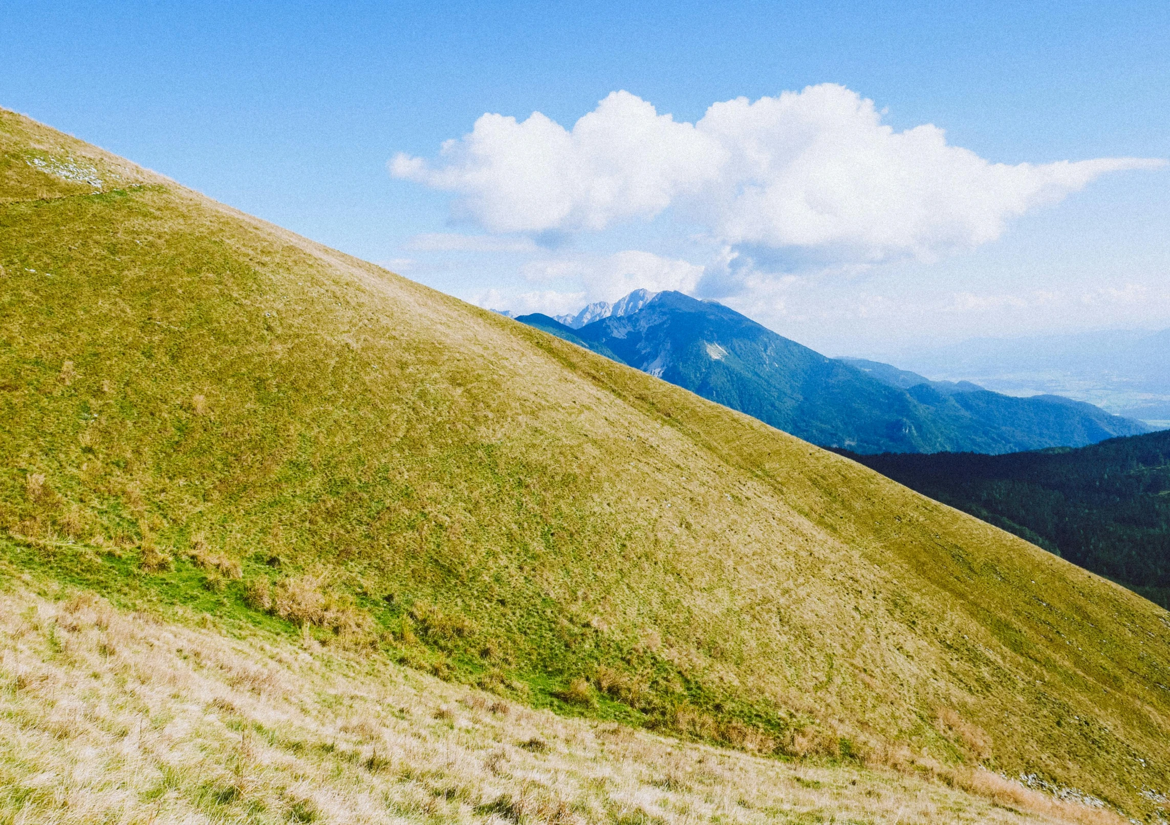 the top of a steep grassy mountain ridge