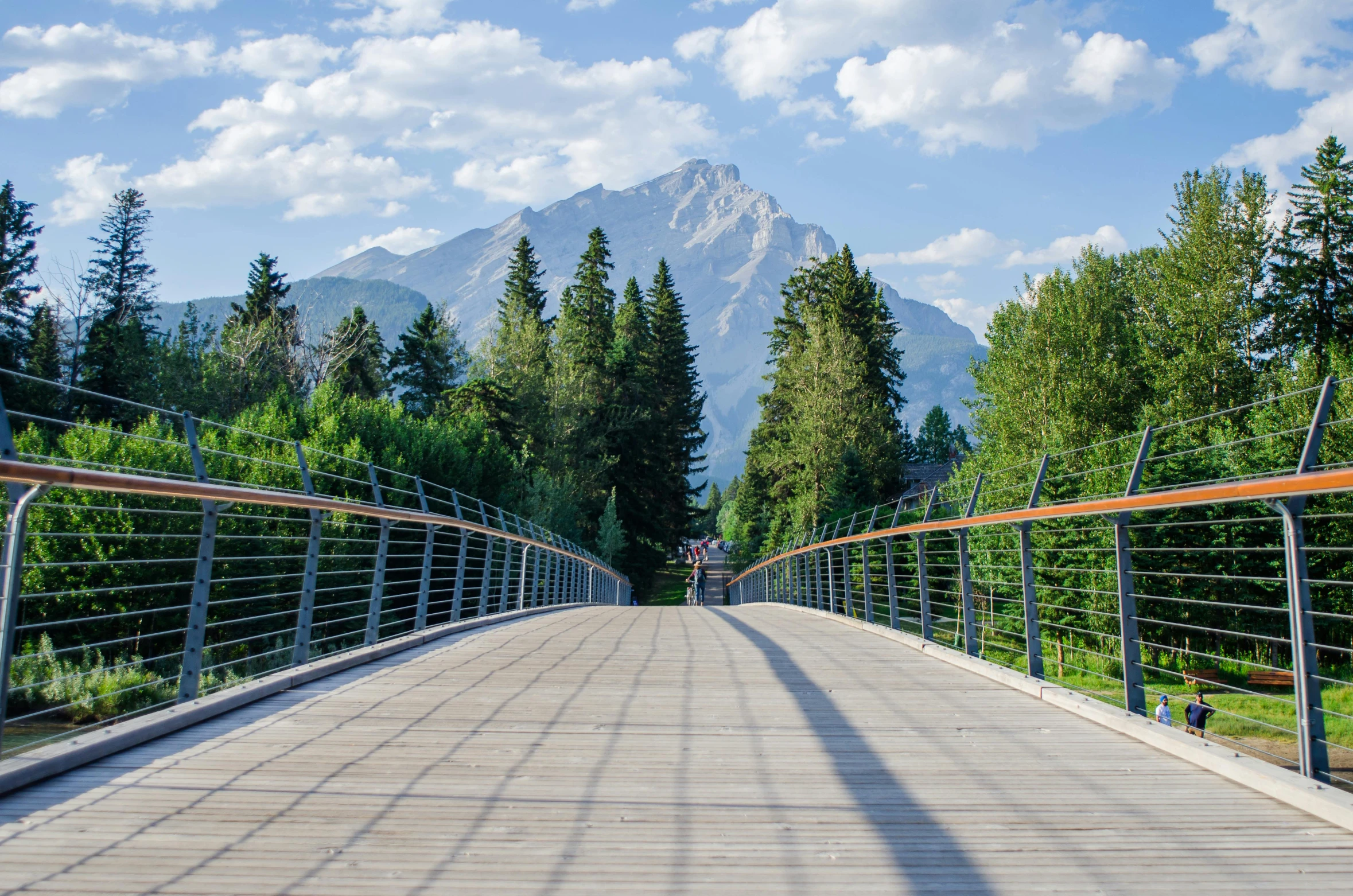 the walkway has railings leading out into the mountains