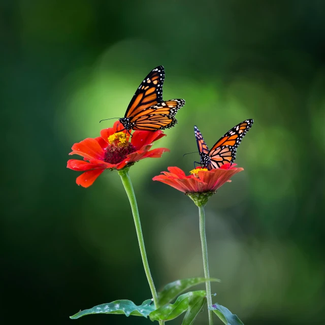 two erfly erflies are standing on top of the same flower