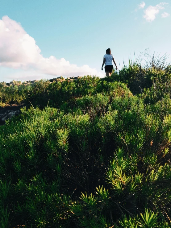 a woman is walking down a grassy hill with a hat on