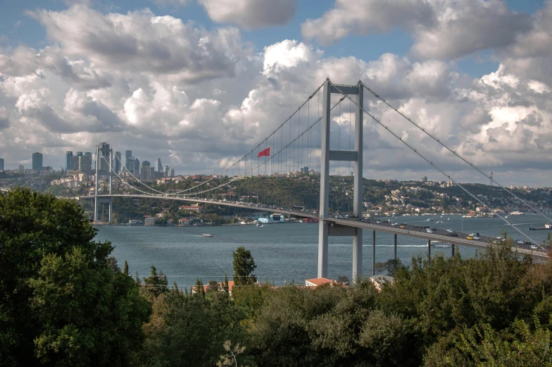 the view from a hillside of the river and a bridge