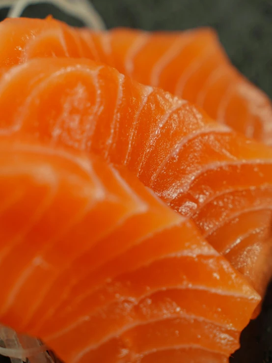 closeup of raw salmon on a plate with strings